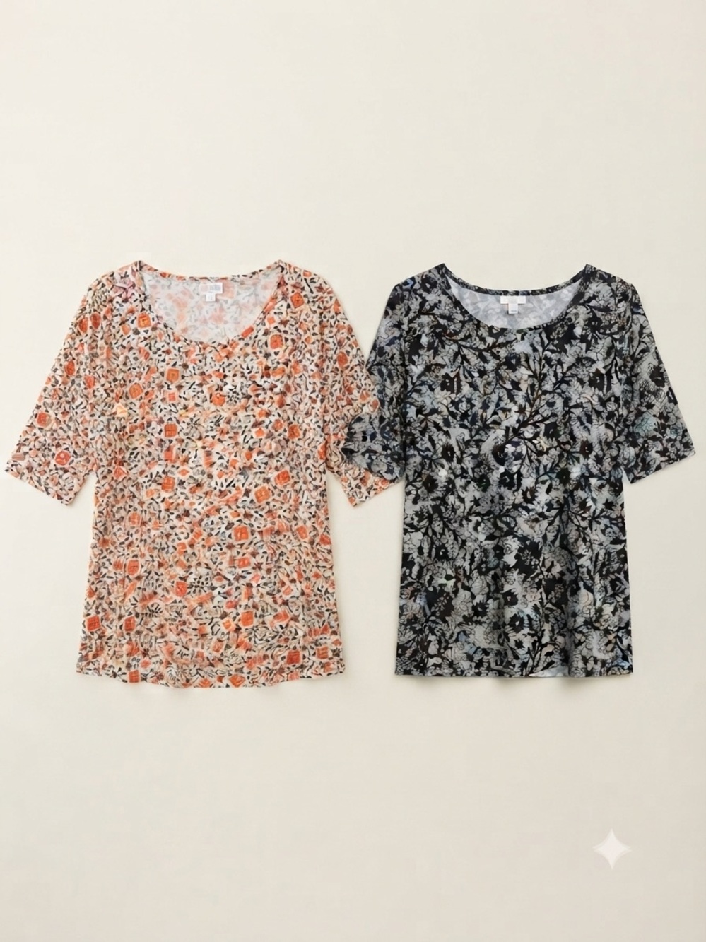 LLR Peach Geo Top and Floral Black Short Sleeve Scoop Neck Tees - 3XL (2 Tops)